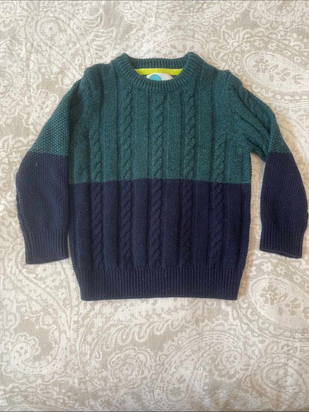 Mini Boden Cable Knit Sweater - Green & Navy sz 3-4 yo